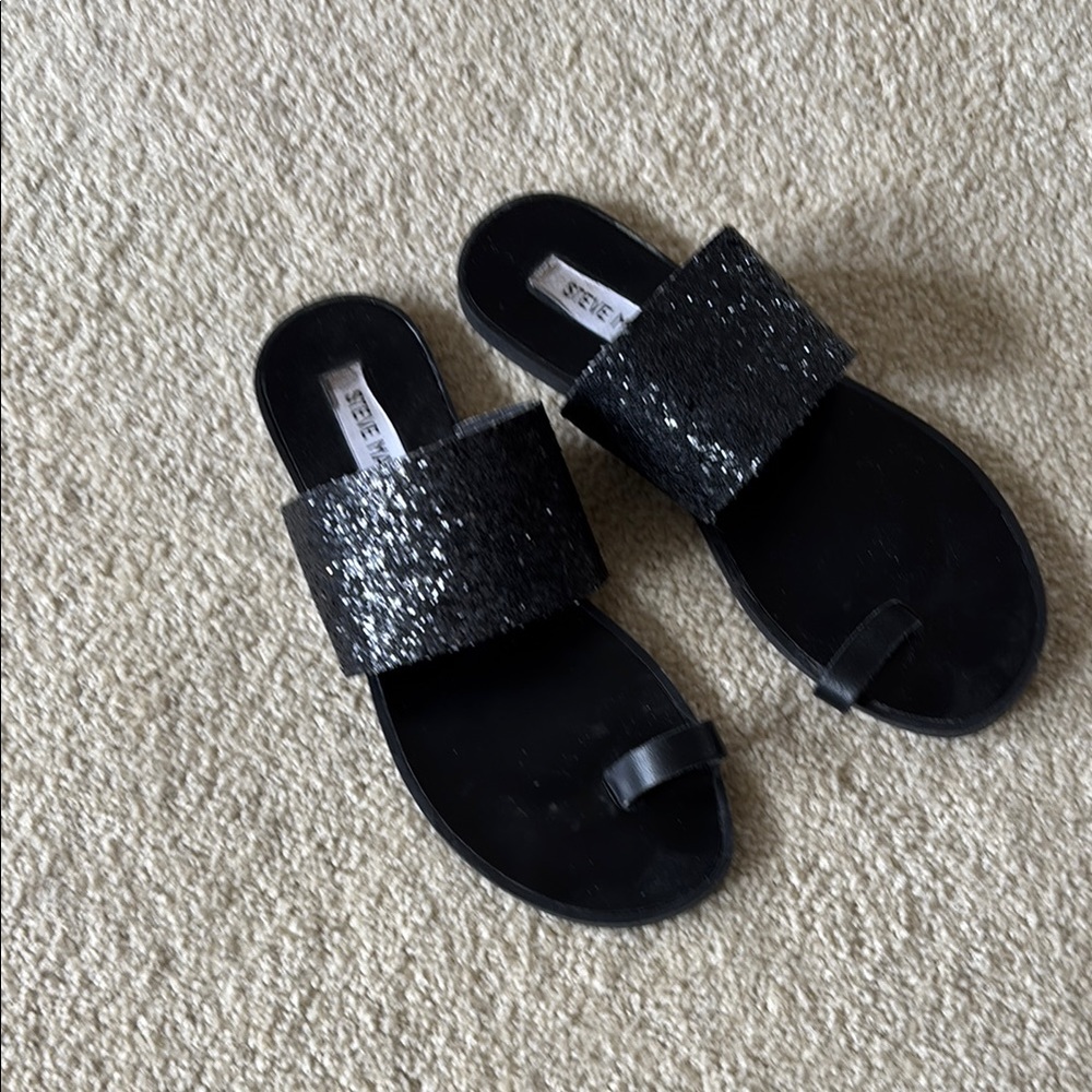 Steve Madden Black Glitter Wide-Strap Slide Sandals